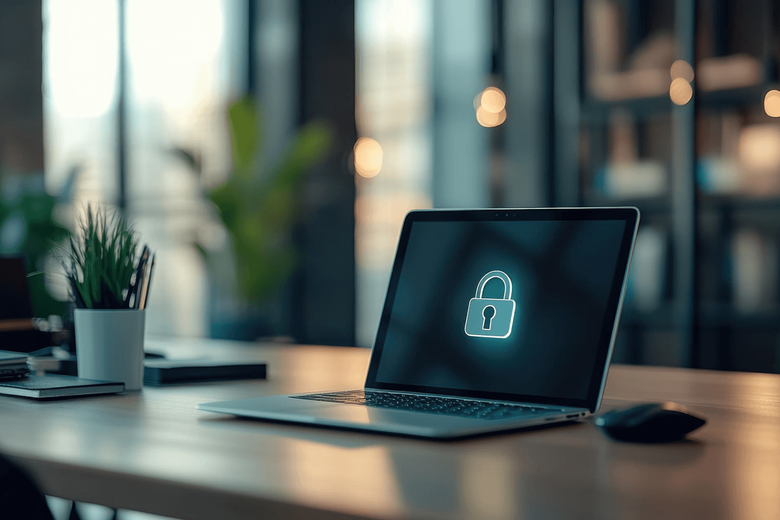 Laptop with a digital image of a lock centered on the screen