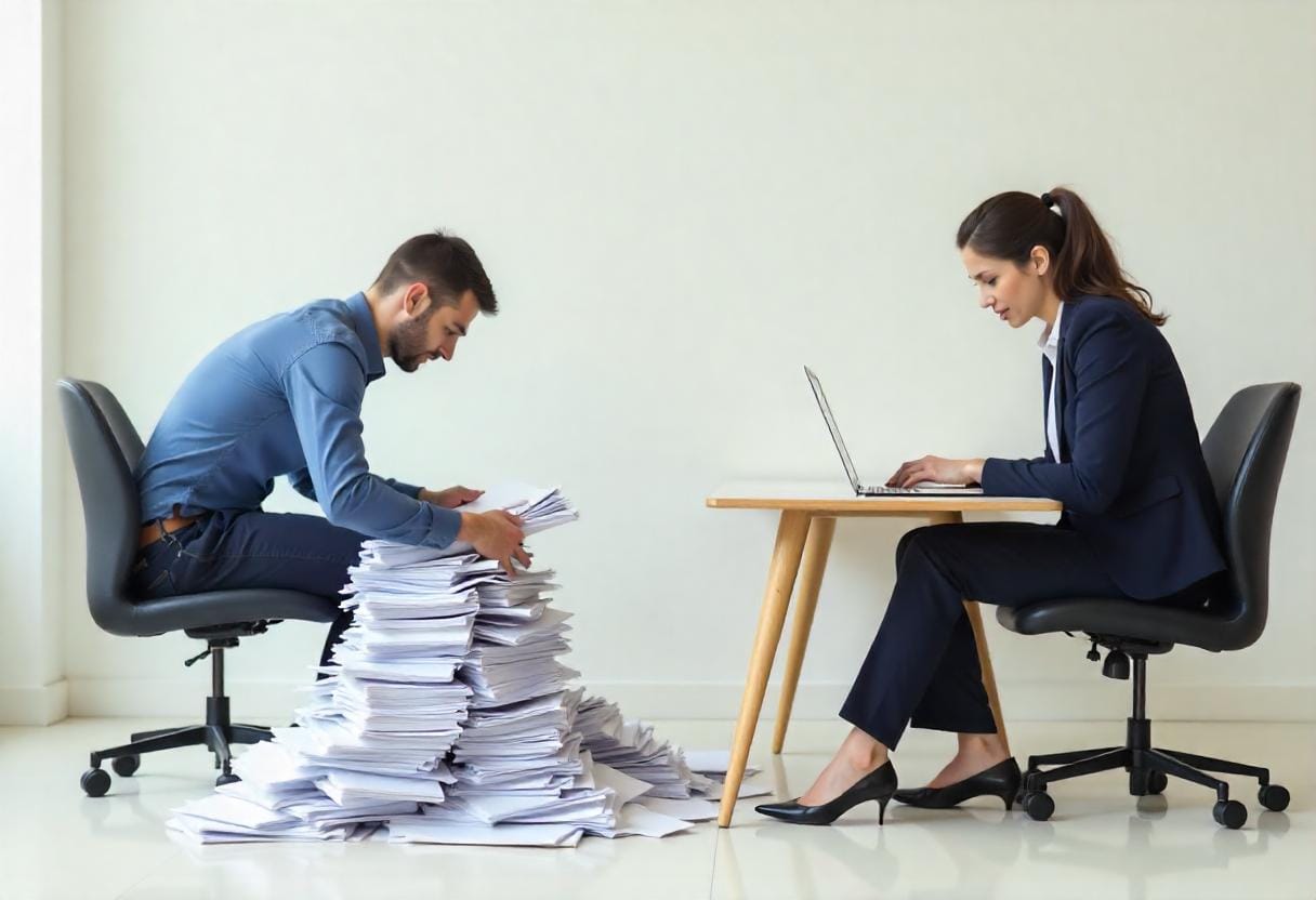 One employee overwhelmed by a stack of papers while another is doing fine with a laptop.