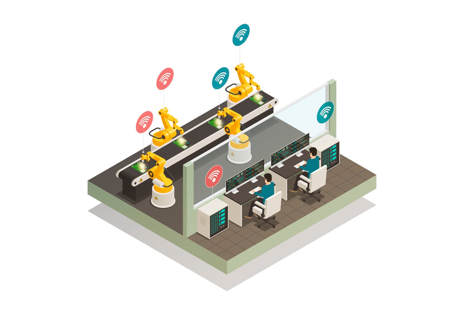 Factory floor with IoT devices that are monitored in real time